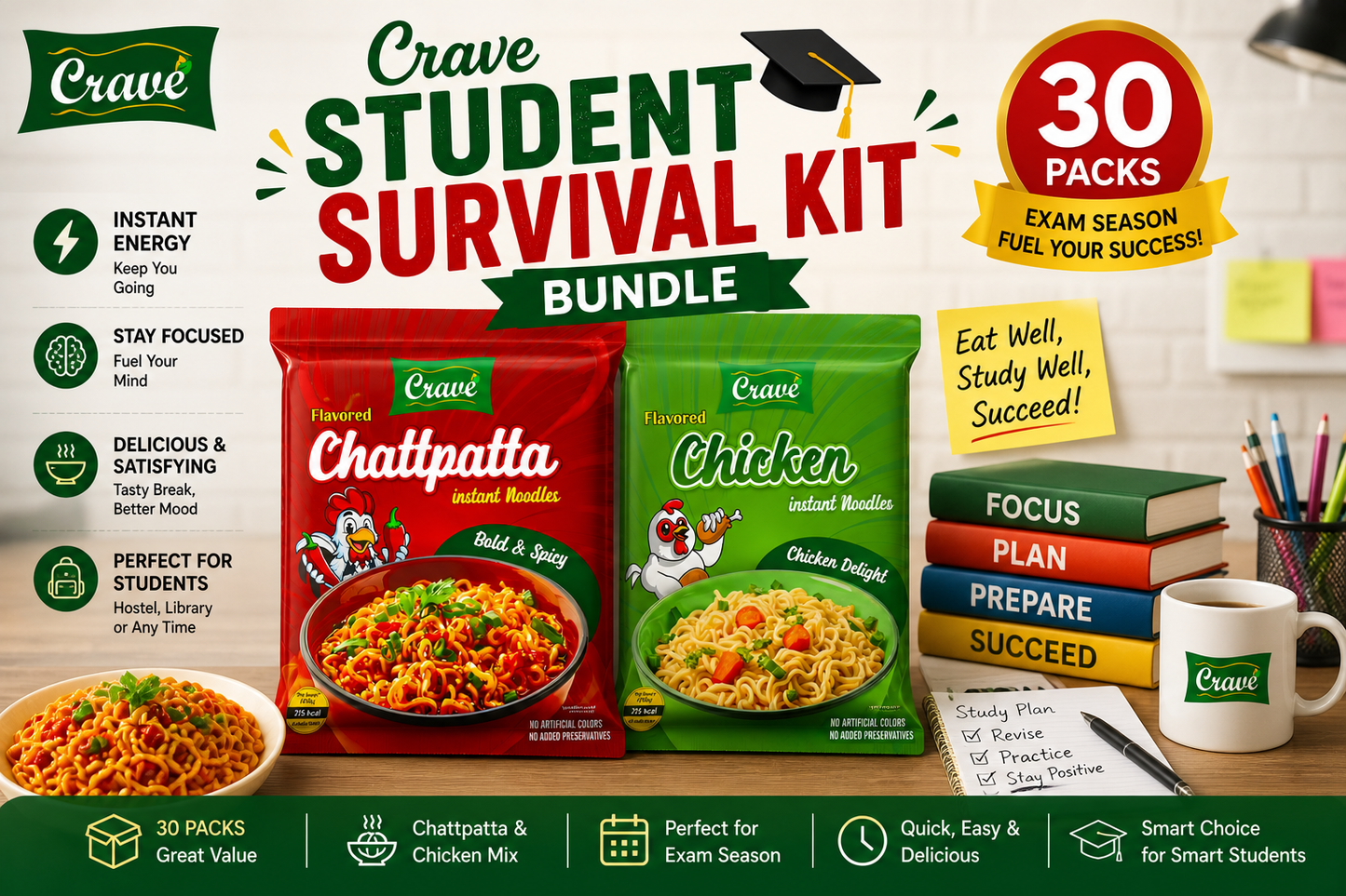 Crave Student Survival Kit Bundle | 30 Packs | Chattpatta & Chicken Mix | Exam Season