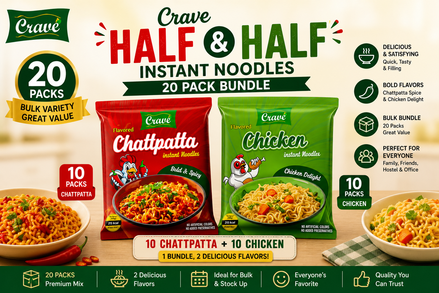 Crave Half & Half Instant Noodles 20 Pack Bundle | 10 Chattpatta + 10 Chicken | Bulk Variety