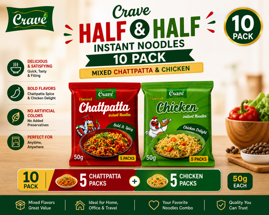 Crave Half & Half Instant Noodles 10 Pack | Mixed Chattpatta & Chicken | 50g Each