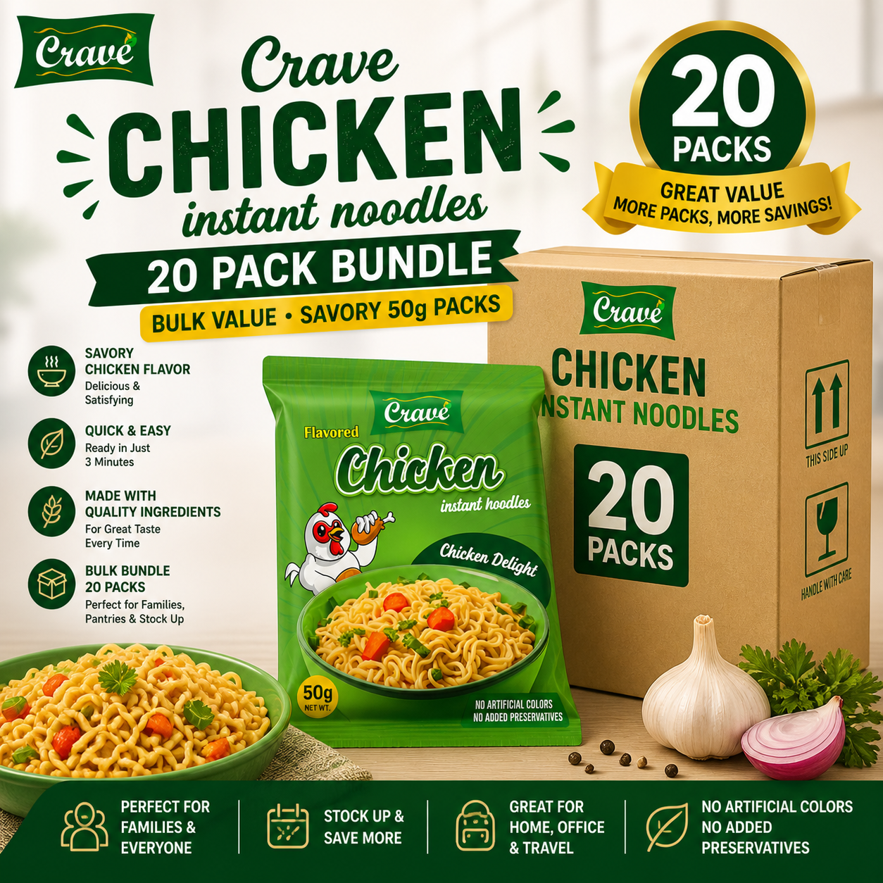 Crave Chicken Instant Noodles 20 Pack Bundle | Bulk Value | Savory 50g Packs