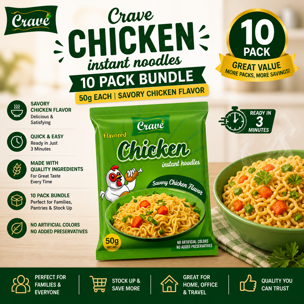 Crave Chicken Instant Noodles 10 Pack Bundle | 50g Each | Savory Chicken Flavor